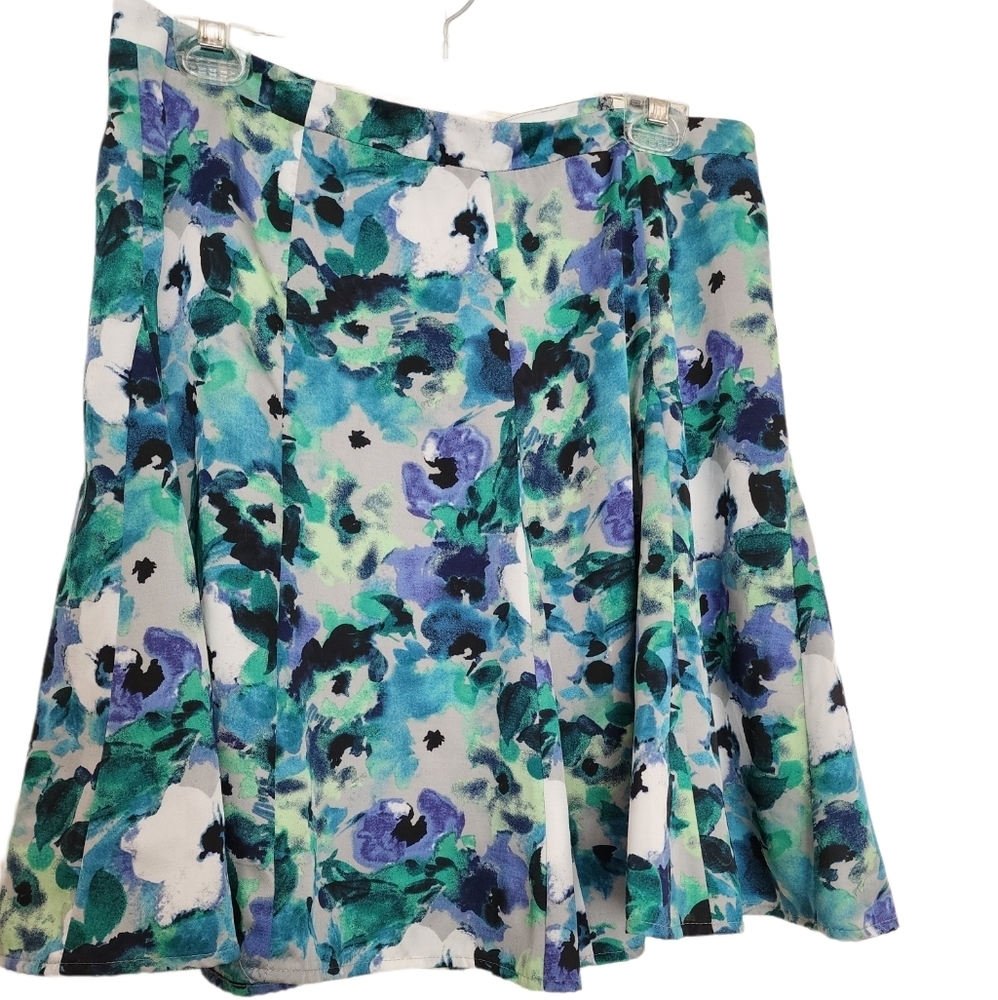 Loft blue green purple floral lined washable flare skirt SZ 8
